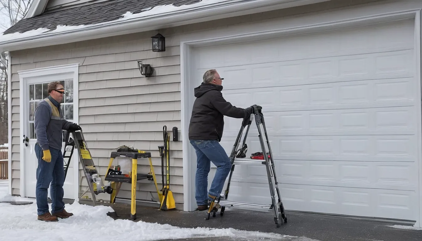 A local provider checking the torsion spring above a home garage door in the Newton area