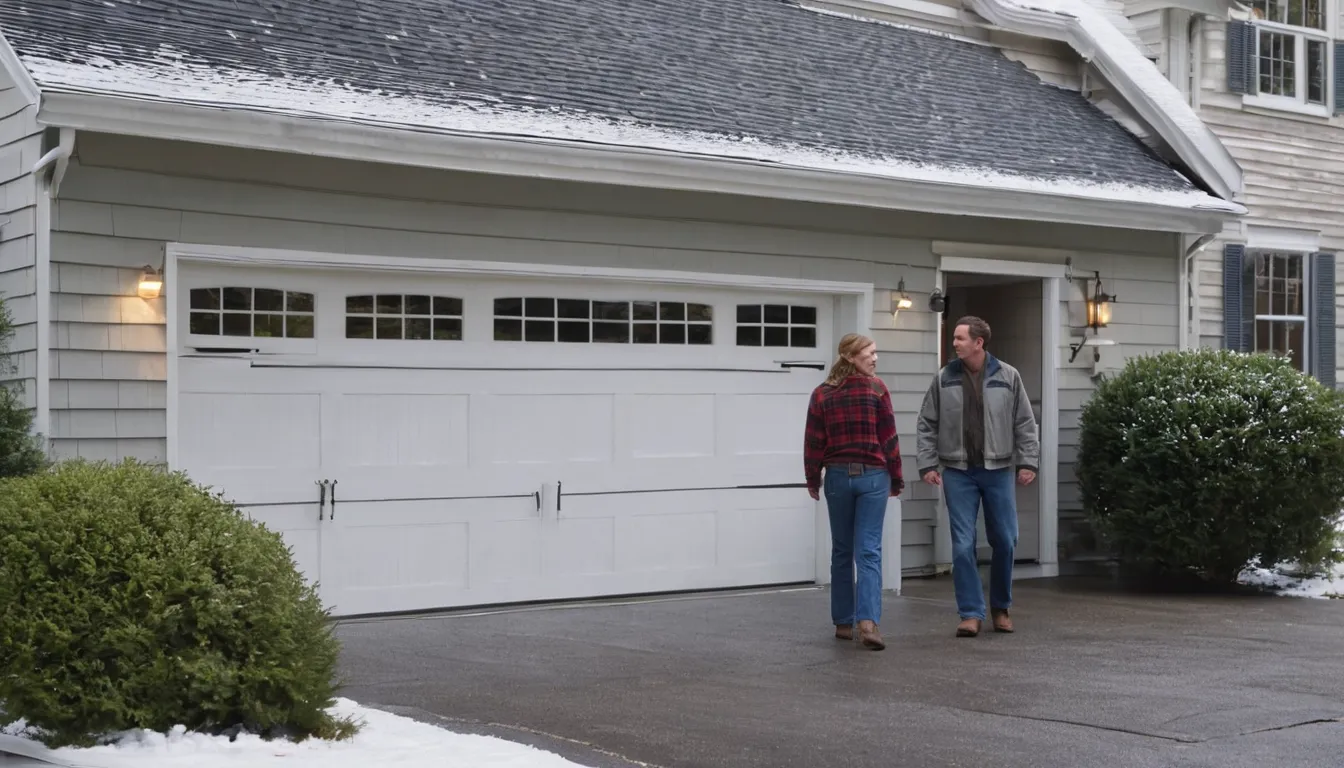 A homeowner and a friendly garage door provider checking a residential garage door in Newton